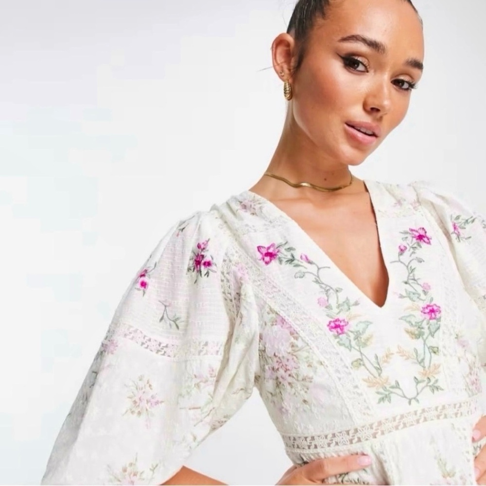 ASOS Edition Floral Embroidered Puff Sleeve Mini Dress - Picture 3 of 16